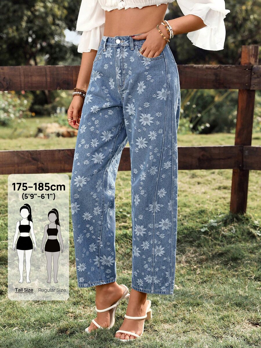 SHEIN Tall Women's Casual Vacation Daily Commute All-Over Floral Print High-Waist Straight Leg Jeans - Blue - View 1