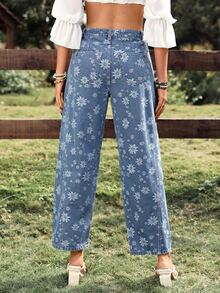 SHEIN Tall Women's Casual Vacation Daily Commute All-Over Floral Print High-Waist Straight Leg Jeans - Blue - View 2