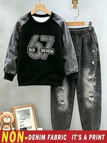 2pcs/Set Teen Boys Non-Denim Washed Denim Effect Raglan Sleeve 67 Raw Edge Patchwork Number & Letter Print Sweatshirt + Jogger Pants Set, Crew Neck Long Sleeve Pullover Top, Elastic Waist Distressed Cuffed Long Pants, Thickened For Autumn/Winter, Street Casual Two Pieces Set For Big Kids - Multicolor - View 3