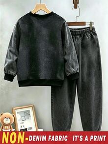 2pcs/Set Teen Boys Non-Denim Washed Denim Effect Raglan Sleeve 67 Raw Edge Patchwork Number & Letter Print Sweatshirt + Jogger Pants Set, Crew Neck Long Sleeve Pullover Top, Elastic Waist Distressed Cuffed Long Pants, Thickened For Autumn/Winter, Street Casual Two Pieces Set For Big Kids - Multicolor - View 2