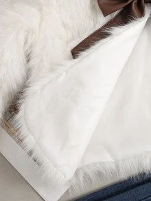 SHEIN 少女大衣 秋冬加厚簡約長款毛絨人造毛 PU拼接蝴蝶結裝飾開襟外套，適合派對、街頭、聚會穿搭 - 白色 - 查看 9