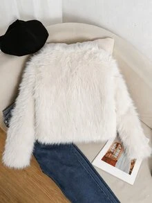 SHEIN 少女大衣 秋冬加厚簡約長款毛絨人造毛 PU拼接蝴蝶結裝飾開襟外套，適合派對、街頭、聚會穿搭 - 白色 - 查看 4