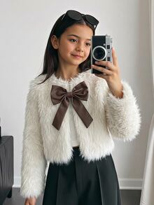 SHEIN 少女大衣 秋冬加厚簡約長款毛絨人造毛 PU拼接蝴蝶結裝飾開襟外套，適合派對、街頭、聚會穿搭 - 白色 - 查看 3