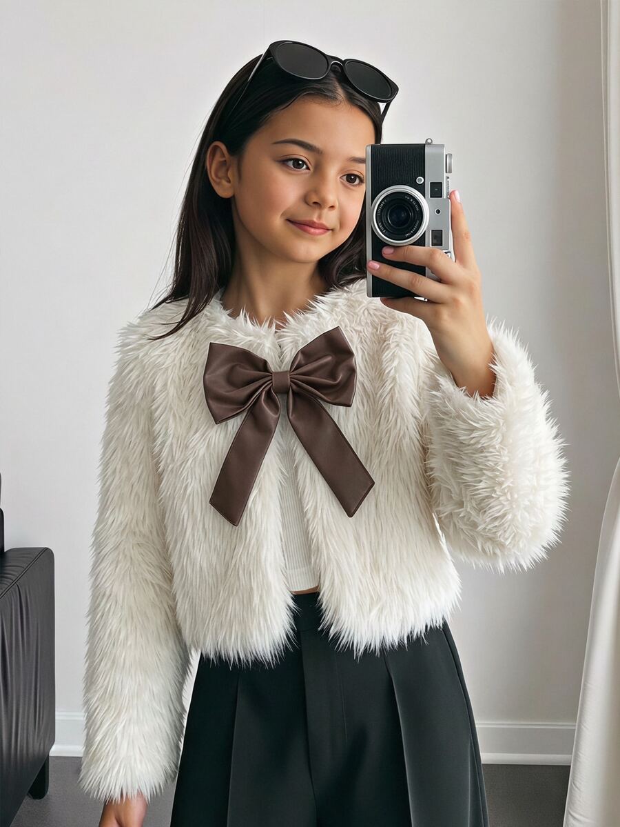 SHEIN Tween Girl Coat Tween Girl Autumn/Winter Thickened Minimalist Long Plush Faux Fur PU Colorblock Bow Decor Open Front Jacket, Suitable For Party, Street, Gathering Outfits - White - View 1
