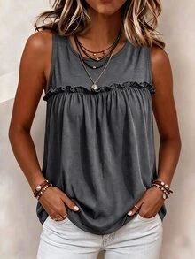Breezaya Women's Summer Dark Grey Knit Round Neck Patchwork Frill Trim Pleated A-Line Western Modest Casual Tank Top, Suitable For Vacation And Daily Commute - Grey - View 3