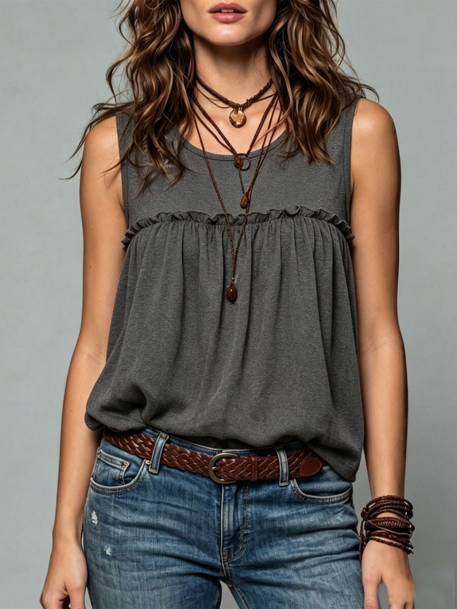 Breezaya Women's Summer Dark Grey Knit Round Neck Patchwork Frill Trim Pleated A-Line Western Modest Casual Tank Top, Suitable For Vacation And Daily Commute - Grey - View 1