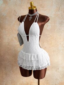 Mistrie Women's Lace Patchwork Solid Color Halter Neck Backless Fashion Jumpsuit - White - View 3