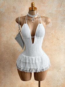 Mistrie Women's Lace Patchwork Solid Color Halter Neck Backless Fashion Jumpsuit - White - View 4