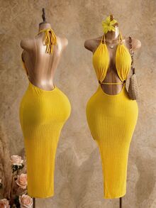 Mistrie 女士夏季度假纯色纹理露背开衩吊带连衣裙 - 黃色 - 查看 3