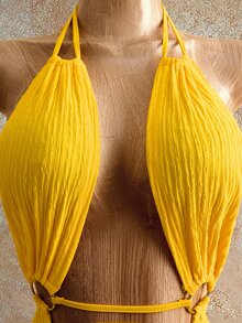 Mistrie 女士夏季度假纯色纹理露背开衩吊带连衣裙 - 黃色 - 查看 8