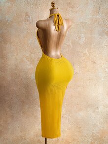 Mistrie 女士夏季度假纯色纹理露背开衩吊带连衣裙 - 黃色 - 查看 5