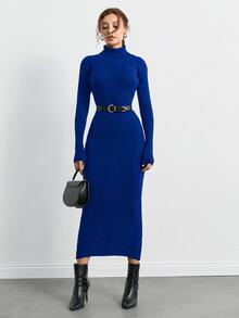 SHEIN Tall فستان كنزة محبوك بياقة عالية وأكمام طويلة أحادي اللون - الأزرق - مشاهدة 5