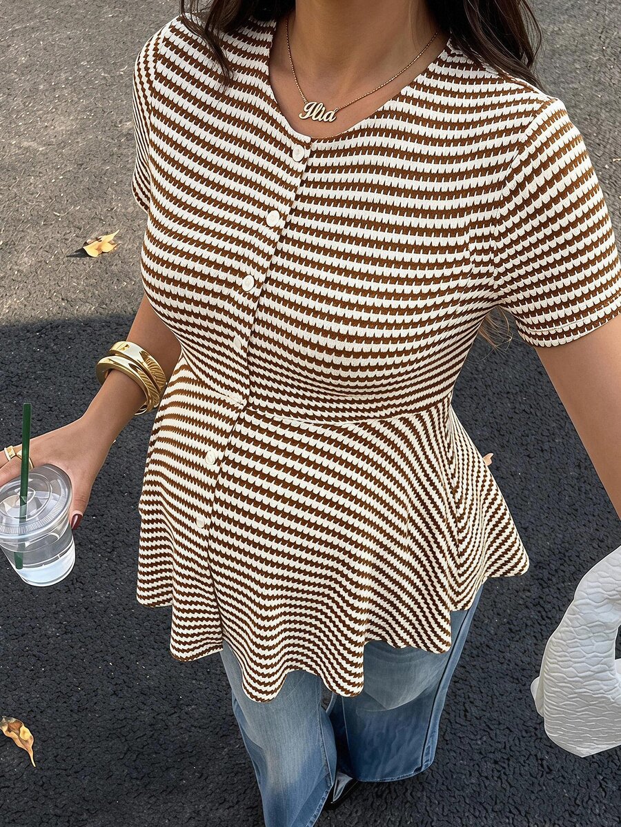 SHEIN Brown Striped Maternity Round Neck Regular Shoulder Short Sleeve Front Open T-Shirt, Summer Casual. - Coffee Brown - View 1