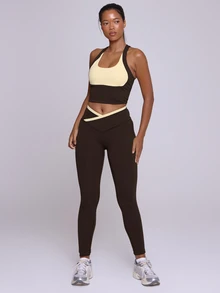 Musera Sport V Dipped Contrast Colour Edge Fitted Active Coord Legging Butter Yellow Fall Winter Autumn Gym Pilates Fitness Daily Casual - Coffee Brown - View 1