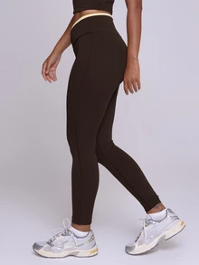 Musera Sport V Dipped Contrast Colour Edge Fitted Active Coord Legging Butter Yellow Fall Winter Autumn Gym Pilates Fitness Daily Casual - Coffee Brown - View 3