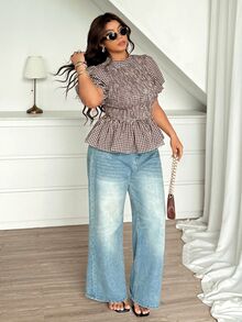 Vionelle Plus Size Women's Spring/Summer French Elegant Luxury Minimalist High-End Design Casual Bohemian Vacation Office Commute Old Money Style Comfortable Traceable Cotton Plaid Fabric Stand Collar Elastic Waist A-Line Lantern Sleeve Blouse - Multicolor - View 6