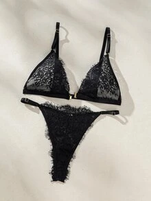 DelicateAllure Women's Sexy Lace Bra And Thong Set Lingerie, Baddie Look - Black - View 5