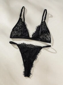 DelicateAllure Women's Sexy Lace Bra And Thong Set Lingerie, Baddie Look - Black - View 2
