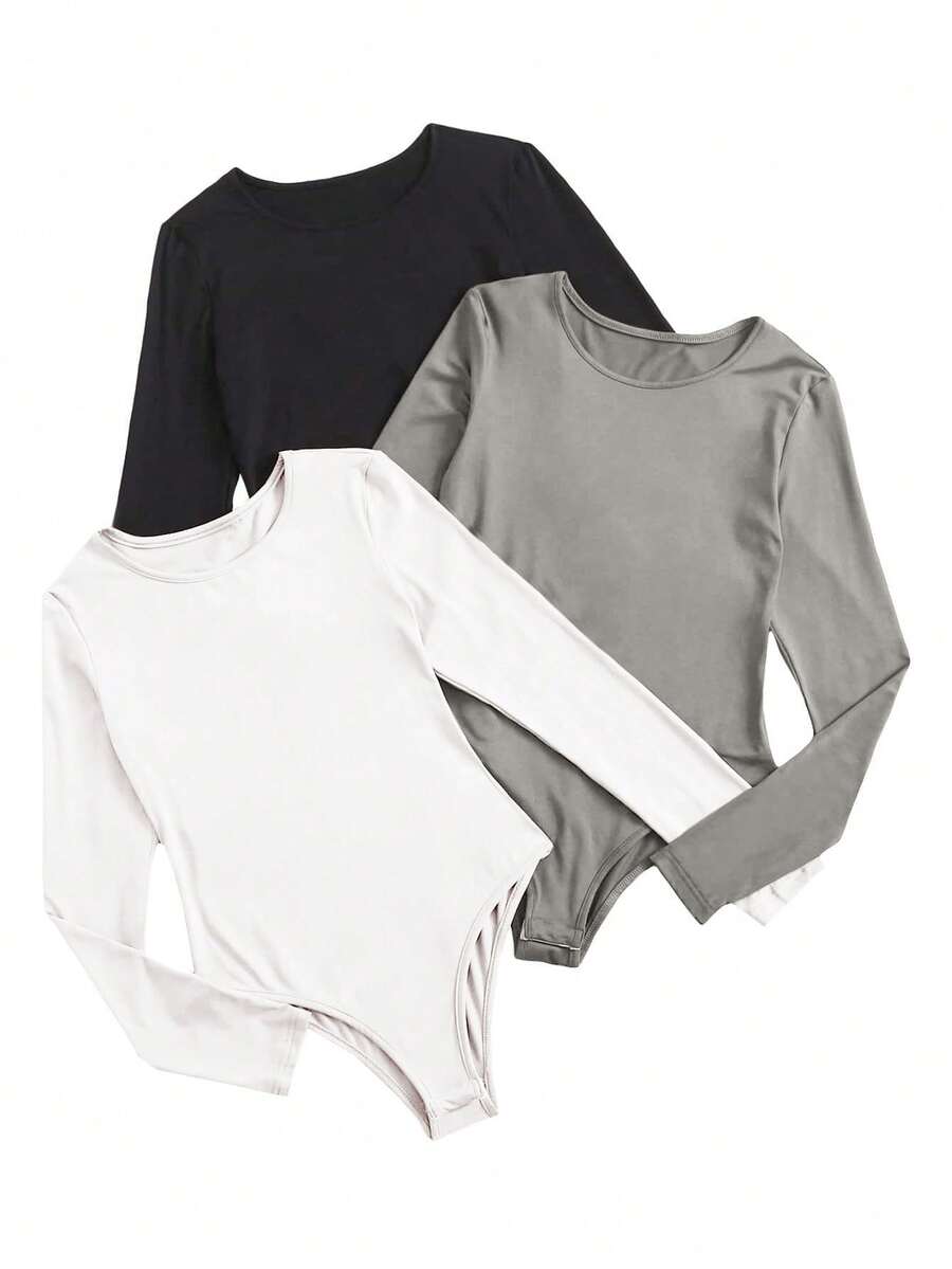 Zolique 3pcs Round Neck Long Sleeve Bodysuit Fall Cloth For Women - Multicolor - View 1