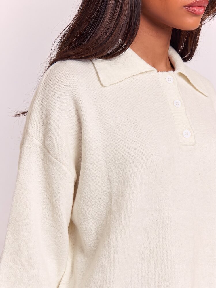 SHEIN BAE Loose Casual Minimalist Women's Solid Color Polo Collar Sweater - Apricot - View 7