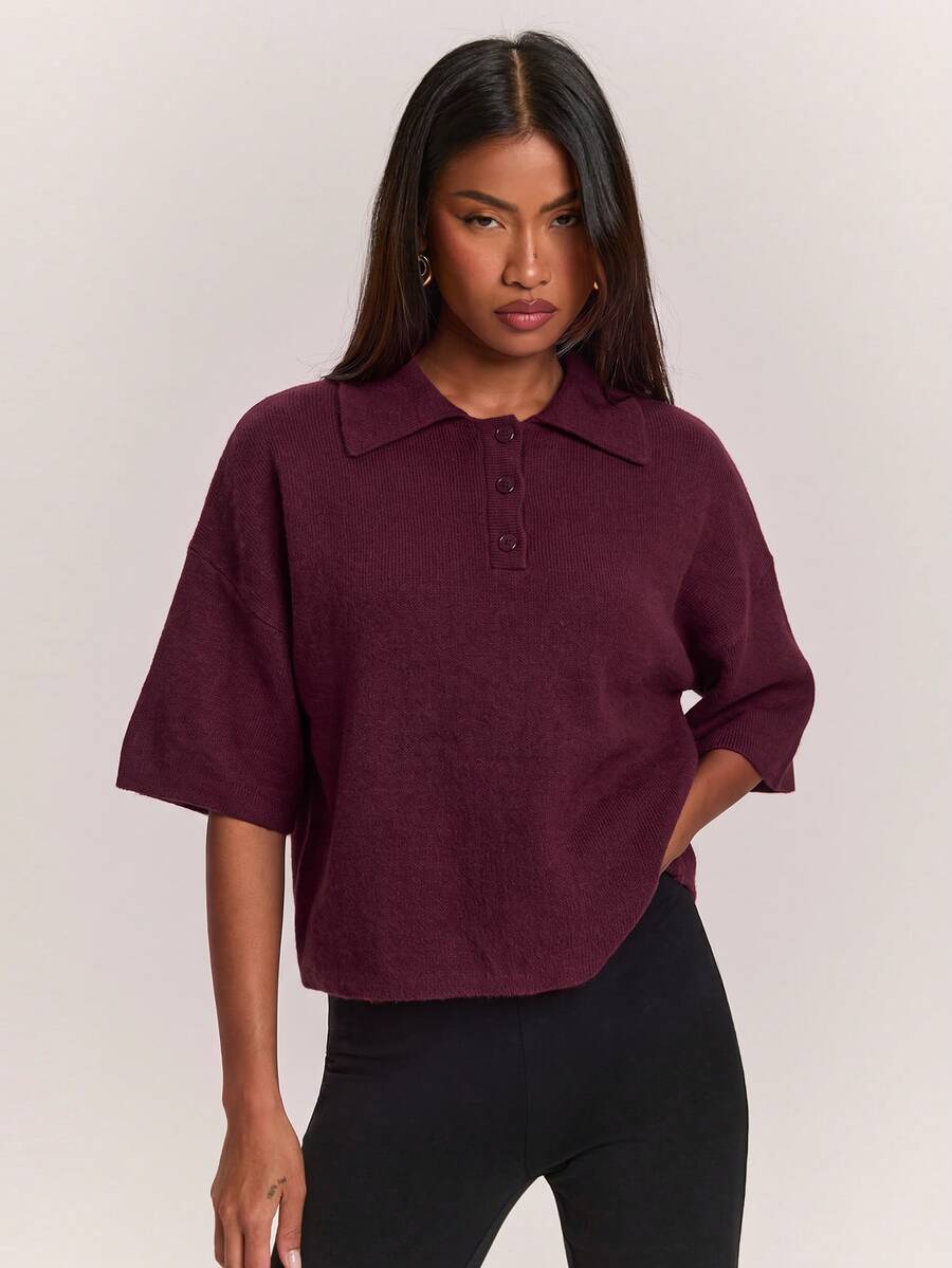 SHEIN BAE 女款寬鬆休閒極簡純色 Polo 領針織衫 - 酒紅色 - 查看 1