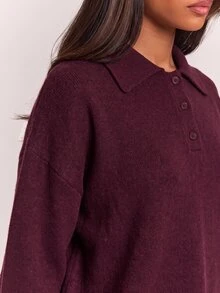 SHEIN BAE 女款寬鬆休閒極簡純色 Polo 領針織衫 - 酒紅色 - 查看 7