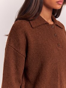 SHEIN BAE 女款寬鬆休閒極簡風 Polo 領純色落肩針織衫 - 咖啡棕 - 查看 7