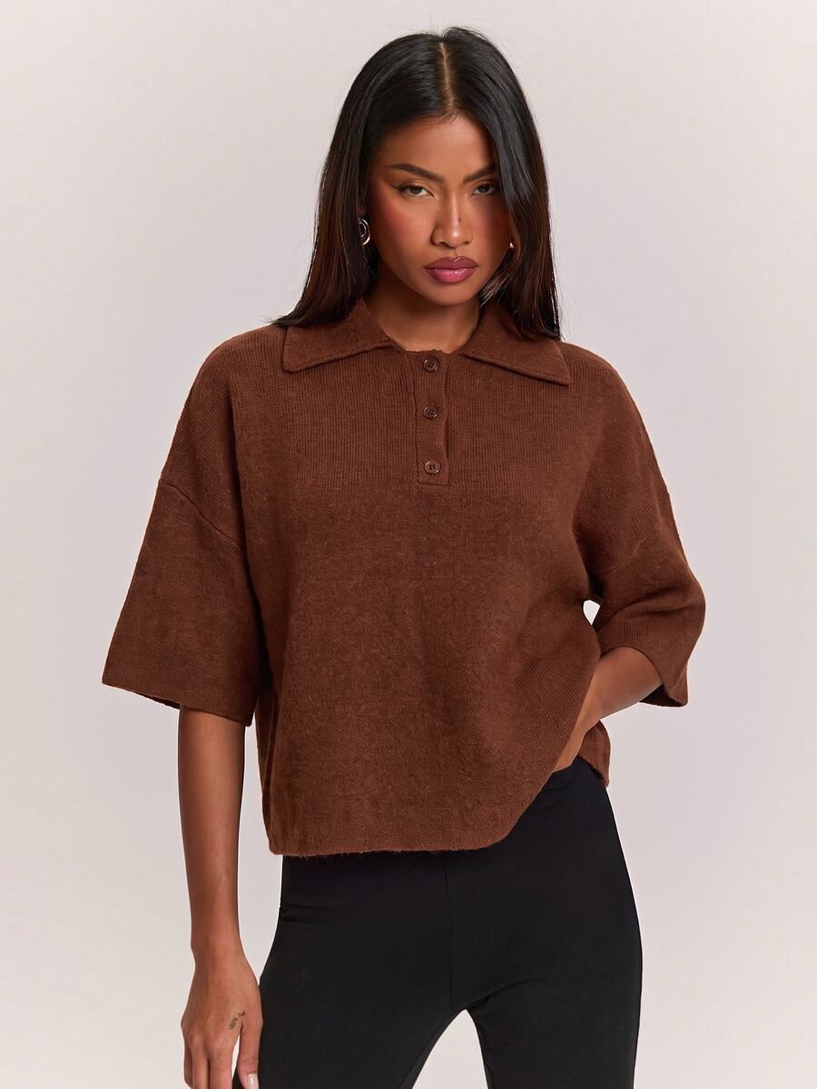 SHEIN BAE 女款寬鬆休閒極簡風 Polo 領純色落肩針織衫 - 咖啡棕 - 查看 1