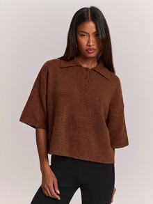 SHEIN BAE 女款寬鬆休閒極簡風 Polo 領純色落肩針織衫 - 咖啡棕 - 查看 6