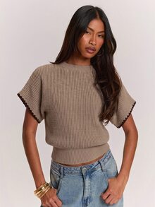 SHEIN BAE 女款拼色休閒百搭日常穿著針織上衣 - 駝色 - 查看 1