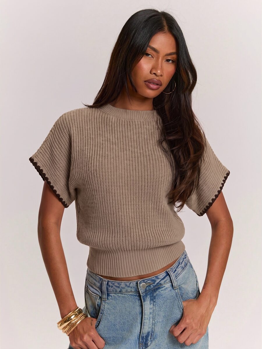 SHEIN BAE 女款拼色休閒百搭日常穿著針織上衣 - 駝色 - 查看 1
