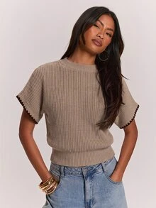 SHEIN BAE 女款拼色休閒百搭日常穿著針織上衣 - 駝色 - 查看 5