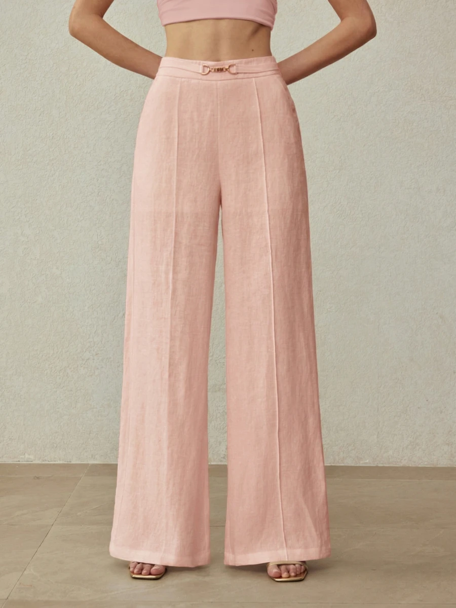 MOTF PREMIUM 100% LINEN WIDE LEG PANTS WITH METAL BUCKLE WAIST DECOR, ELEGANT FOR COMMUTING, VINTAGE STYLE - Pink - View 2