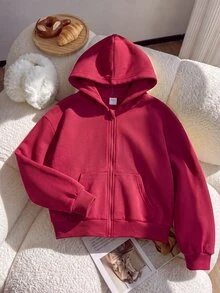 SHEIN 青少年女孩春/秋季休閒百搭正裝寬鬆韓風紅色棉混紡開襟運動外套，返校季，適合購物與外出 - 紅色 - 查看 4