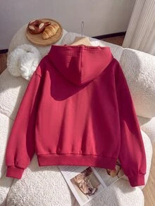 SHEIN 青少年女孩春/秋季休閒百搭正裝寬鬆韓風紅色棉混紡開襟運動外套，返校季，適合購物與外出 - 紅色 - 查看 2