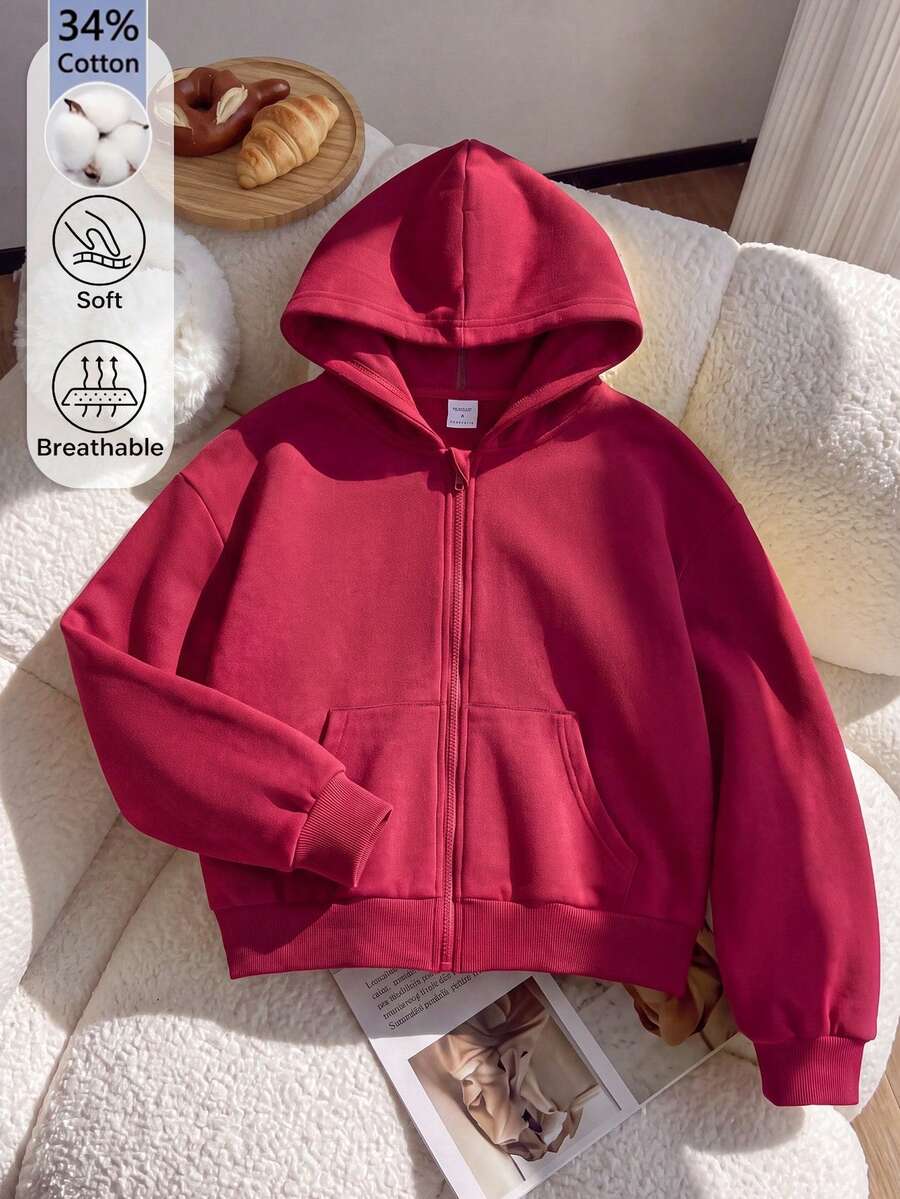 SHEIN Teenage Girls Spring/Autumn Casual Versatile Regular Loose Fit Korean Style Red Cotton Blend Open Front Sweatshirt Jacket, Back To School Season, Suitable For Shopping And Outings