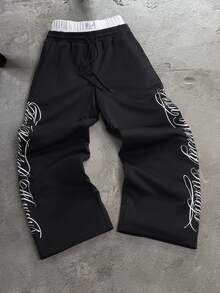 PAVTROS Men's Plus Size Letter Print Double Waistband Sweatpants - Black - View 4