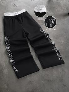 PAVTROS Men's Plus Size Letter Print Double Waistband Sweatpants - Black - View 6
