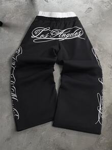 PAVTROS Men's Plus Size Letter Print Double Waistband Sweatpants - Black - View 2