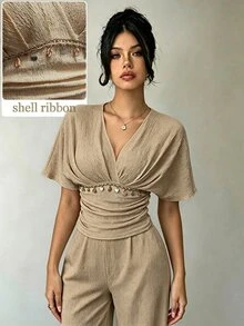 Mulvari Setelan Celana Panjang Model Lurus Leher V Rajut Bertekstur Musim Panas Warna Khaki Gaya Tropis Boho Lengan Pendek Panjang dengan Rumbai untuk Liburan Pantai - Khaki - View 2