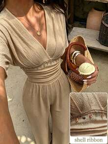 Mulvari Setelan Celana Panjang Model Lurus Leher V Rajut Bertekstur Musim Panas Warna Khaki Gaya Tropis Boho Lengan Pendek Panjang dengan Rumbai untuk Liburan Pantai - Khaki - View 1