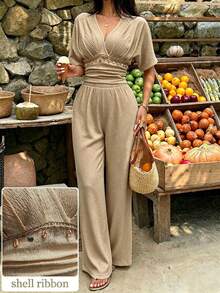 Mulvari Setelan Celana Panjang Model Lurus Leher V Rajut Bertekstur Musim Panas Warna Khaki Gaya Tropis Boho Lengan Pendek Panjang dengan Rumbai untuk Liburan Pantai - Khaki - View 3