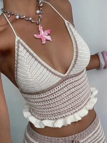Aloruh 2pcs/Set Women's Handmade Crochet Strap Contrast Trim Vest + Contrast Color Mini Cropped Crochet Sweater, Spring/Summer Holiday - Khaki - View 8