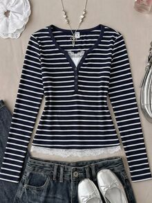 SHEIN Kids Teen Girls T-Shirts Casual Autumn/Winter Long-Sleeve Knit T-Shirt With Stripes, Color-Blocking, And Lace Detail,Long Sleeve Tops,Back To School - Blue and White - View 1
