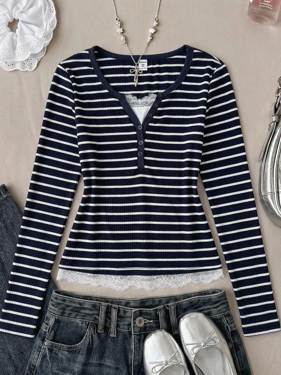 SHEIN Kids Teen Girls T-Shirts Casual Autumn/Winter Long-Sleeve Knit T-Shirt With Stripes, Color-Blocking, And Lace Detail,Long Sleeve Tops,Back To School - Blue and White - View 1