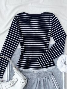 SHEIN Kids Teen Girls T-Shirts Casual Autumn/Winter Long-Sleeve Knit T-Shirt With Stripes, Color-Blocking, And Lace Detail,Long Sleeve Tops,Back To School - Blue and White - View 2