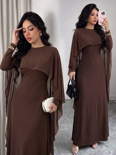 SHEIN Elenzya Elegant Minimalist Solid Color Round Neck Slim Fit Long Dress Flowy Chiffon Shawl Islamic Muslim Women's Dubai Abaya