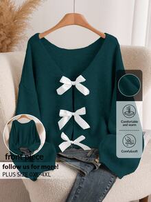 CosyJoli Women's Plus Size Bowknot Back Knitted Sweater, Fashionable & Comfortable Versatile Pullover For Autumn/Winter Green - Dark Green - View 1