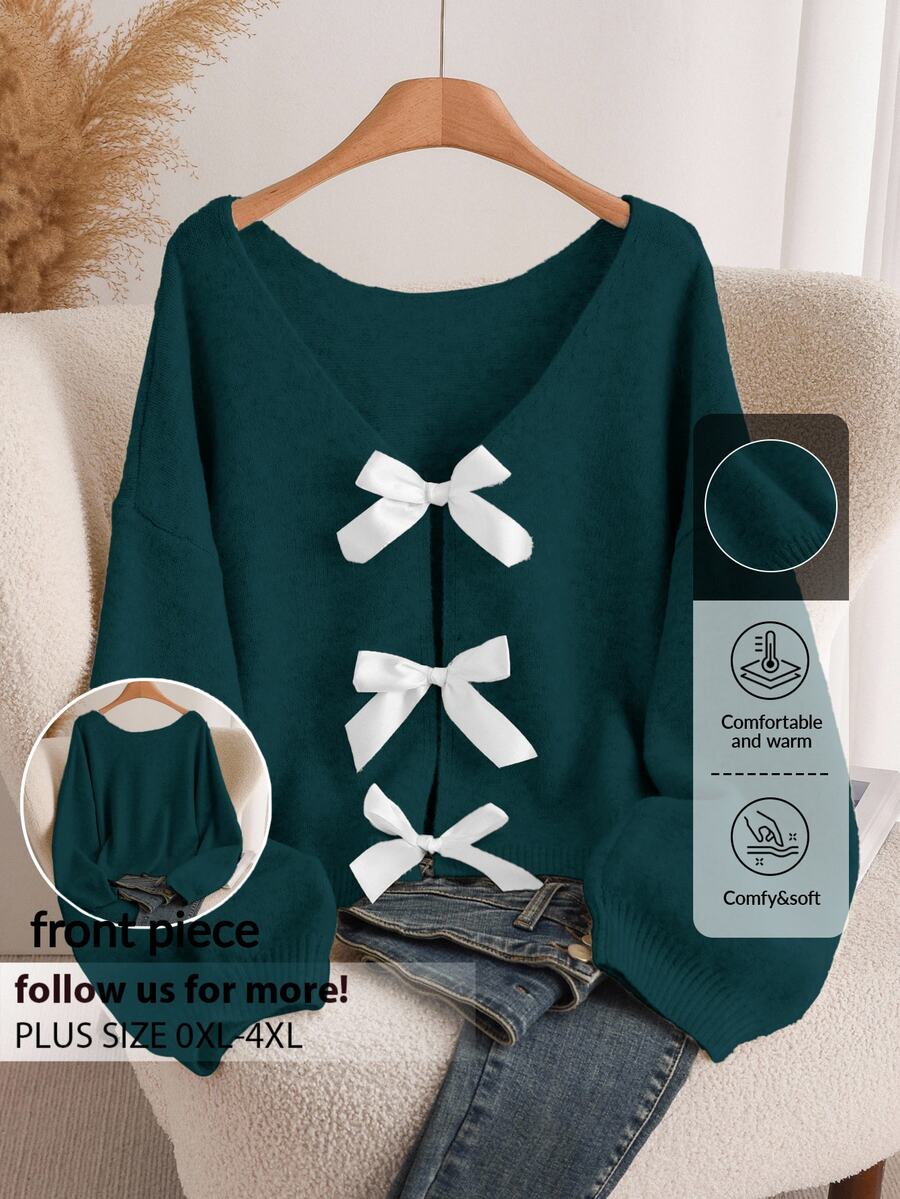 CosyJoli Women's Plus Size Bowknot Back Knitted Sweater, Fashionable & Comfortable Versatile Pullover For Autumn/Winter Green - Dark Green - View 1