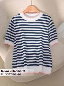 CosyJoli Plus Size Casual Round Neck Color Block Striped Short Sleeve Knit Top Spring To Summer - Multicolor - View 2